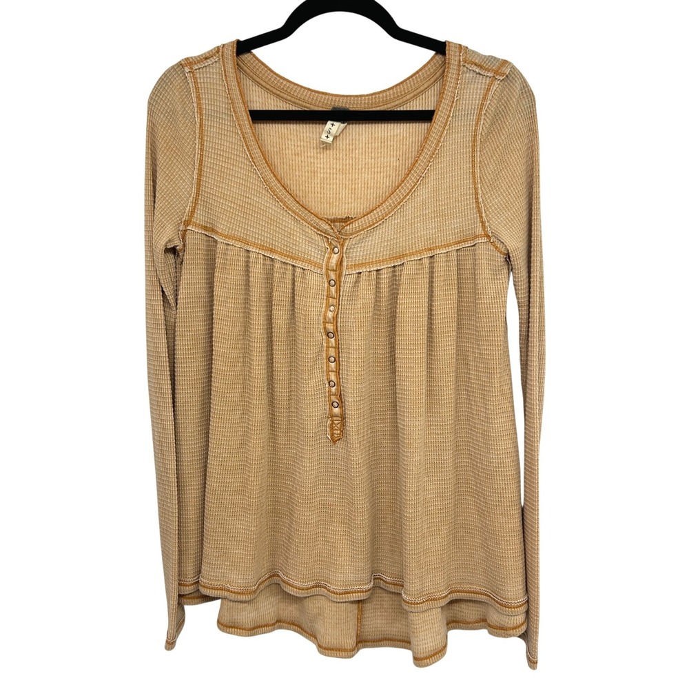 Free Peoople Thermal Top XS Oversized Waffle Knit Babydoll Boho Slouchy Cozy